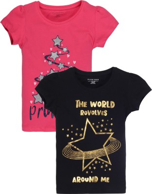 Plum Tree Girls Printed Pure Cotton Regular T Shirt(Black, Pack of 2)