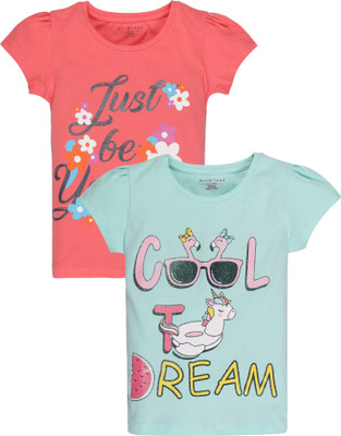 Plum Tree Girls Printed Pure Cotton Regular T Shirt(Blue, Pack of 2)