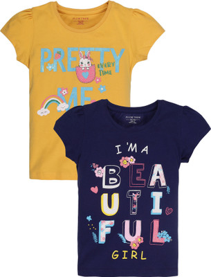 Plum Tree Girls Printed Pure Cotton Regular T Shirt(Dark Blue, Pack of 2)