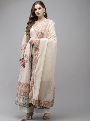Ishin Women Printed Anarkali Kurta(Beige)
