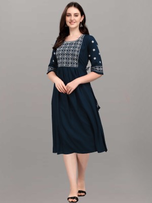 HINDVA FASHION Women Embroidered A-line Kurta(Dark Blue)