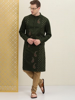 House of Pataudi Men Printed Straight Kurta(Dark Green)