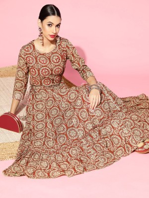 Ishin Women Floral Print Anarkali Kurta(Brown)