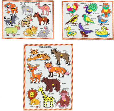 Ashmi Wooden Non-toxic Combo Domestic Wild Animals & Birds Pictures with Knobs pegged Pack of 3 Board Learning & Educational Tray Jigsaw Puzzle for Kids Pre-School Toddlers Age 2 and Above Size 9 x 12 Inch(Multicolor)