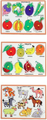 Ashmi Wooden Non-toxic Combo Domestic Animals & Fruits & Vegetables Pictures with Knobs pegged Pack of 3 Board Learning & Educational Tray Jigsaw Puzzle for Kids Pre-School Toddlers Age 2 and Above Size 9 x 12 Inch(Multicolor)