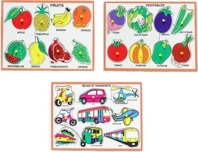 Ashmi Wooden Non-toxic Combo Fruits & Vegetables & Transports Pictures with Knobs pegged Pack of 3 Board Learning & Educational Tray Jigsaw Puzzle for Kids Pre-School Toddlers Age 2 and Above Size 9 x 12 Inch(Multicolor)