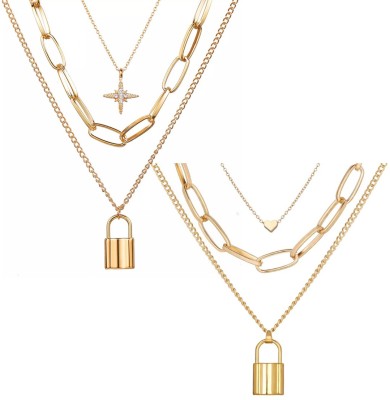 Vembley Pack Of 2 Attractive Gold Plated Triple Layered Heart & Star Lock Necklace For Women and Girls Gold-plated Plated Alloy Layered