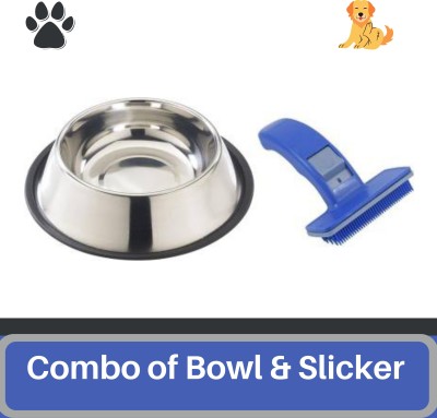 Foodie Puppies Multi Utility Combo Kit for Dogs/Pets (700ml Stainless Steel Feeding Plain Bowl + Dog Slicker Brush) Slicker Brushes for  Dog