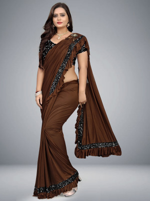 welcome creation Solid/Plain Bollywood Lycra Blend Saree(Brown)