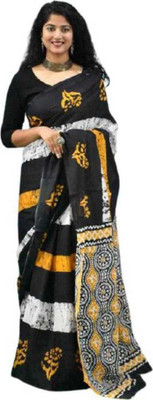 Pinkcity Trade World Printed, Color Block, Blocked Printed Daily Wear Pure Cotton Saree(White, Black, Yellow)