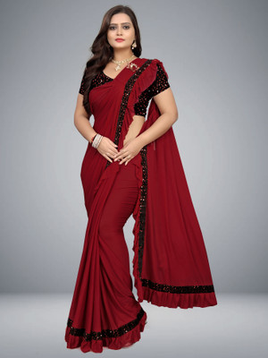 V AMAN FASHION Solid/Plain Bollywood Lycra Blend Saree(Maroon)