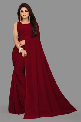 PRIME ZONE WORLD Solid/Plain Bollywood Georgette Saree(Maroon)