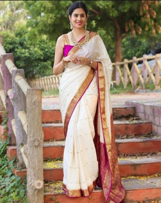 SOFIEFAB Woven, Solid/Plain Kanjivaram Pure Silk Saree(White)