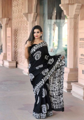 Pinkcity Trade World Printed Daily Wear Pure Cotton Saree(White, Black)