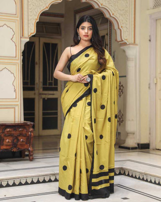 Pinkcity Trade World Printed, Color Block, Blocked Printed Daily Wear Pure Cotton Saree(Black, Yellow)
