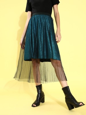 KASSUALLY Self Design Women Pleated Blue Skirt