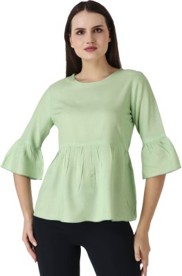 ASHURASHI Casual Self Design Women Light Green Top