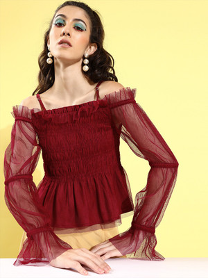 KASSUALLY Party Self Design Women Maroon Top