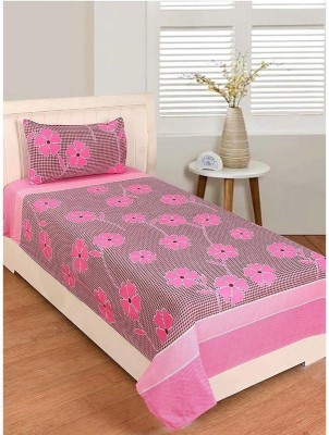 ANJAL 180 TC Polycotton Single Printed Flat Bedsheet(Pack of 1, Light Pink)
