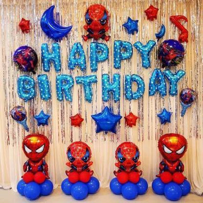 Shmaya spiderman theme birthday combo with star-13 pc happy birthday foil balloon,2 star,2 curtain,2 spiderman foil balloon,32 balloon. pack of 51,(Set of 50)