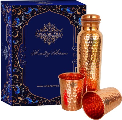 IndianArtVilla Pure Copper Gift Set of Hammered Design 1 Bottle & 2 Glass With Royal Gift Box 750 ml Bottle(Pack of 3, Brown, Copper)