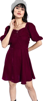 Style Quotient Women Fit and Flare Maroon Above Knee/Mid Thigh Length Dress
