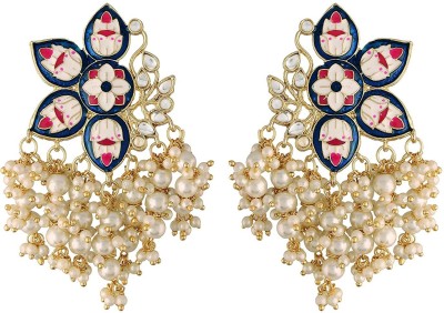 I Jewels 18K Gold Plated Traditional Floral Design Kundan Studded Pearl Drop Earrings Alloy Earring Set