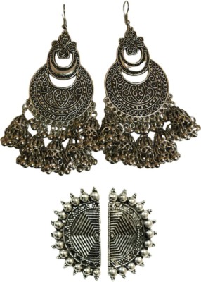 AER Creations Combo Of Beautiful Oxidised German Silver Multi Jhumkas Dangle Earrings And 1 Set Of Oxidised Silver Half Moon Shape Earrings For Girls And Women Brass Drops & Danglers