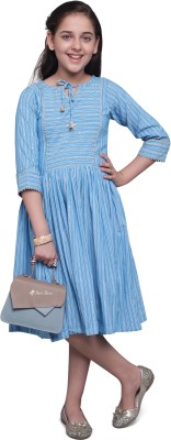 Priyal Designer Girls Below Knee Casual Dress(Light Blue, 3/4 Sleeve)