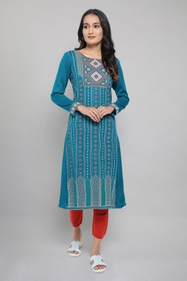 Aurelia Women Woven Design Straight Kurta(Blue)