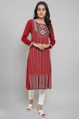 Aurelia Women Embroidered Straight Kurta(Red)