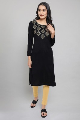 Aurelia Women Embroidered Straight Kurta(Black)