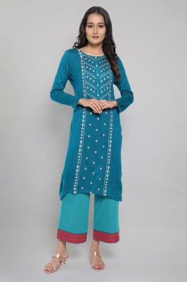 Aurelia Women Embroidered Straight Kurta(Blue)