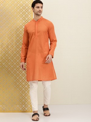 House of Pataudi Men Embroidered Straight Kurta(Orange)