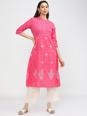 Vishudh Women Printed Flared Kurta(Pink)