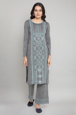 Aurelia Women Embroidered Straight Kurta(Blue, Grey)