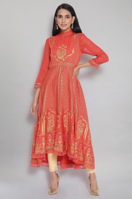 Aurelia Women Embroidered Flared Kurta(Orange)