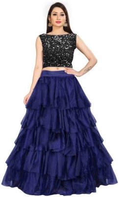 Vihat Fashion Self Design Semi Stitched Lehenga & Crop Top(Blue)