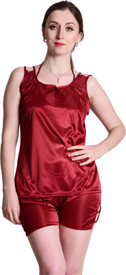 SENSLIFE Women Solid Maroon Top & Shorts Set