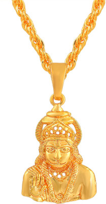 morir 1 Micron Gold Plated Brass 3D Image of Lord Hanuman Giving Blessings Pendant Locket Necklace Religious Jewellery For Men/Women Gold-plated Brass Pendant Set