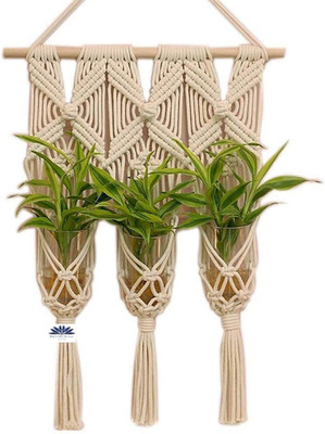 Anish Handicraft Cotton Diamond Macrame Triple Wall Hanging Plant Hanger.(White)