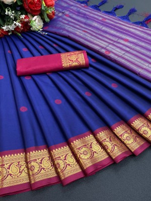 masters creation Woven Paithani Silk Blend, Cotton Silk Saree(Pack of 2, Blue)