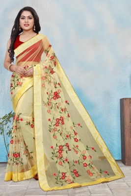 Fiyavi Fashion Embroidered, Floral Print Bollywood Net Saree(Yellow)