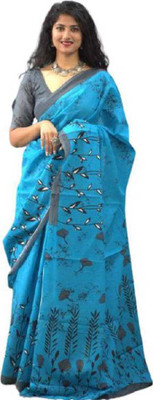 NIKHILAM Printed Handloom Pure Cotton Saree(Light Blue)