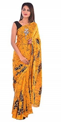 Sanganeri Print Blocked Printed, Color Block, Dyed, Floral Print, Printed Daily Wear Pure Cotton Saree(Mustard)