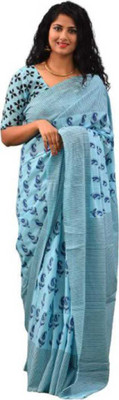 NIKHILAM Printed Handloom Pure Cotton Saree(Light Blue)