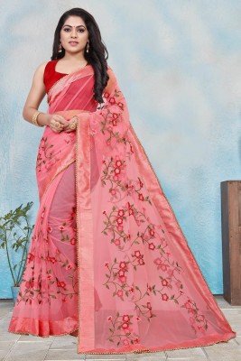 Fiyavi Fashion Embroidered, Floral Print Bollywood Net Saree(Pink)