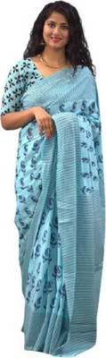 NIKHILAM Printed Handloom Pure Cotton Saree(Light Blue)