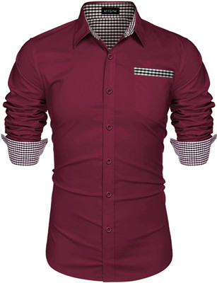 DEELMO Men Solid Casual Maroon Shirt