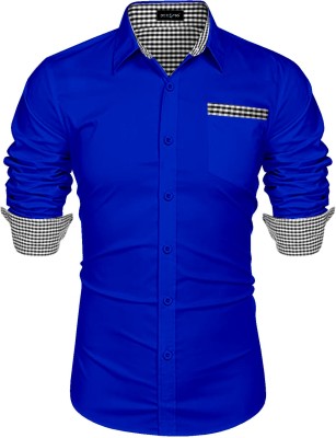 DEELMO Men Solid Casual Light Blue Shirt